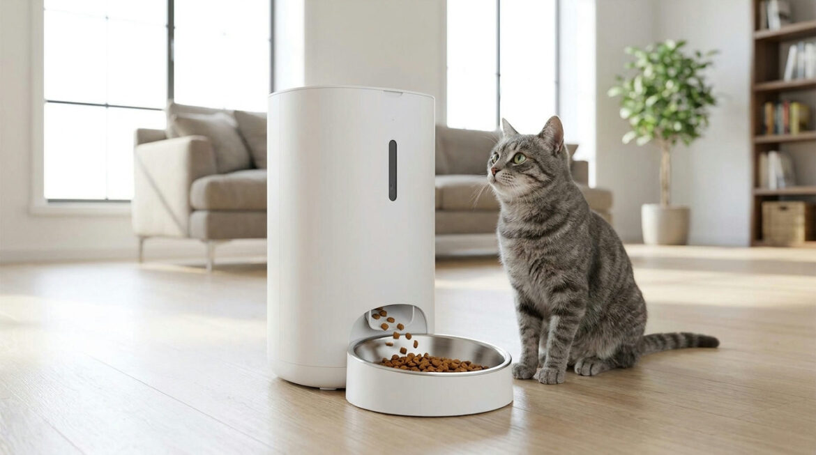 Automatic cat feeders: timed feeder dispensing kibble for a tabby cat