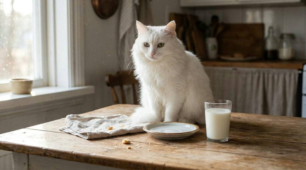 Can cats drink milk: white cat beside a saucer of water and a glass of milk