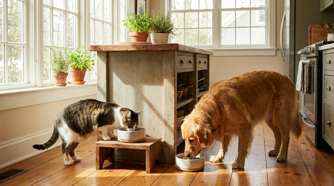 Can cats eat dog food: cat and dog eating from separate bowls