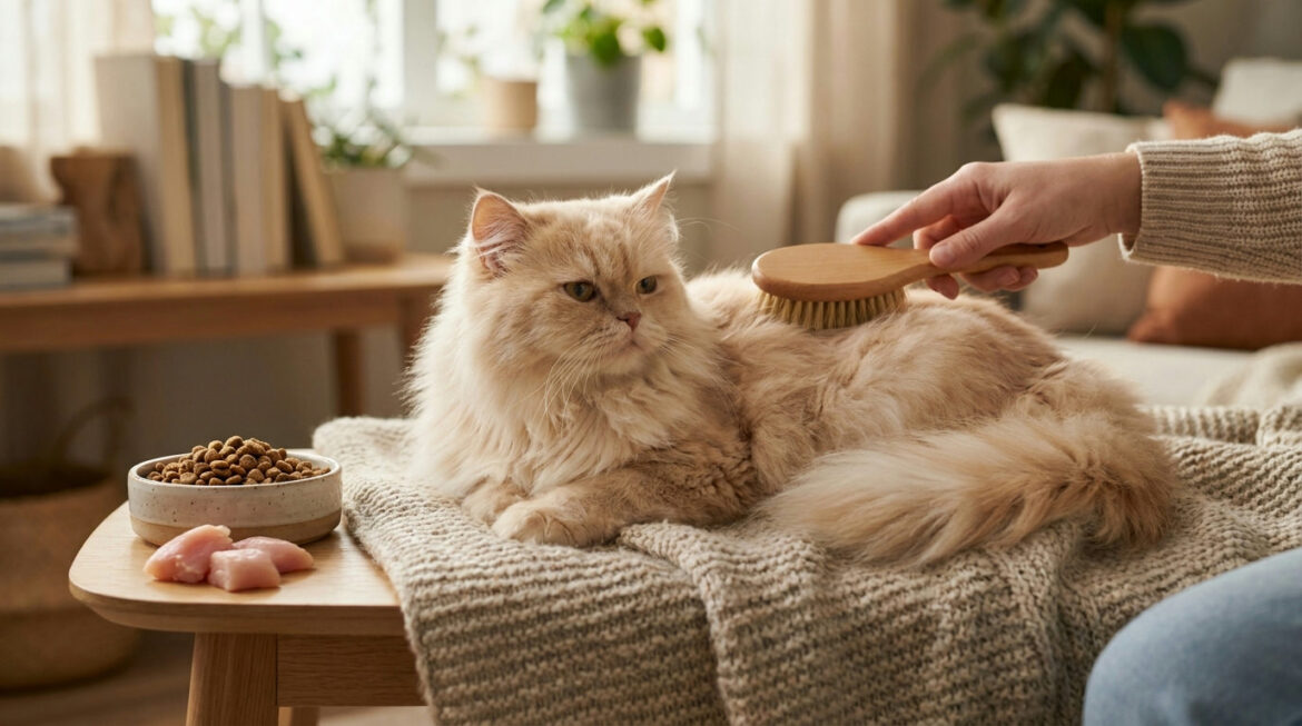 Cat hairball diet: long-haired Persian cat being brushed beside its food bowl