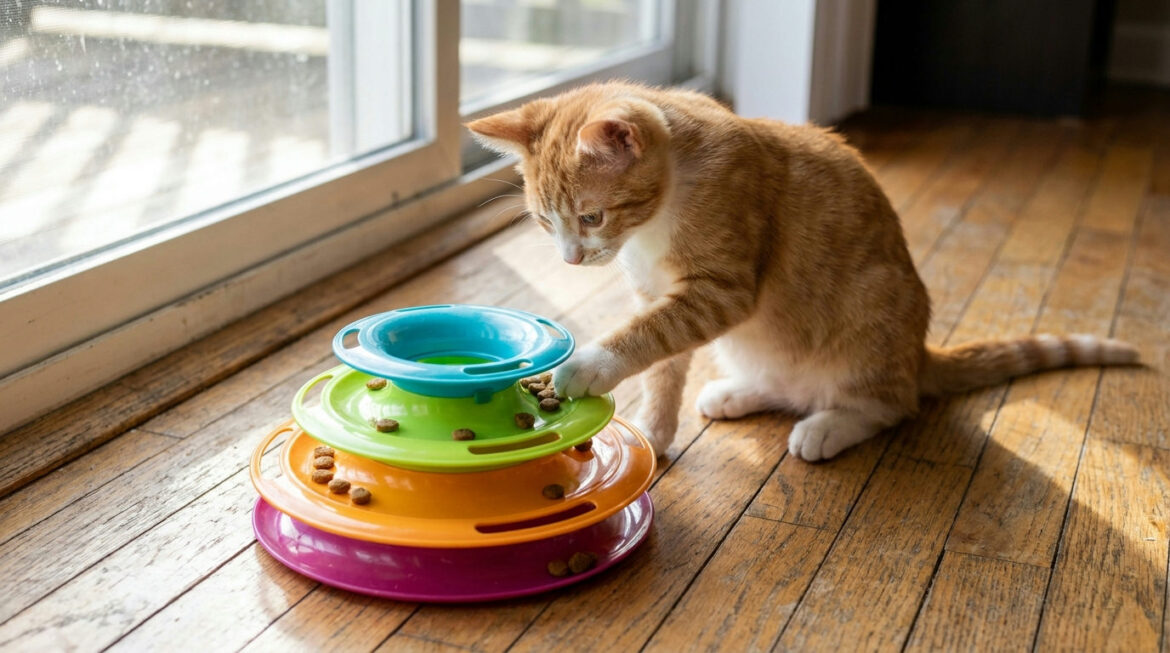 Cat puzzle feeders: young cat pawing kibble out of a puzzle toy