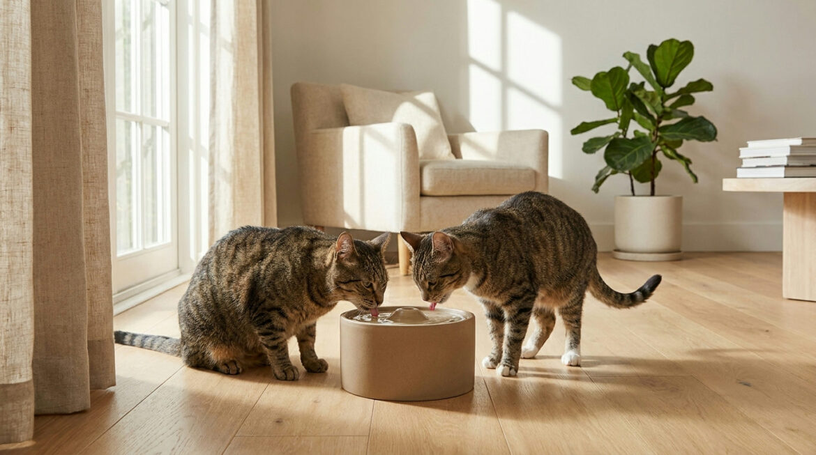 Cat urinary health diet: cat drinking from a ceramic water fountain