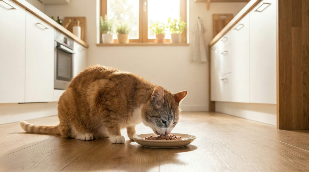Diabetic cat diet: senior cat eating wet food from a shallow bowl