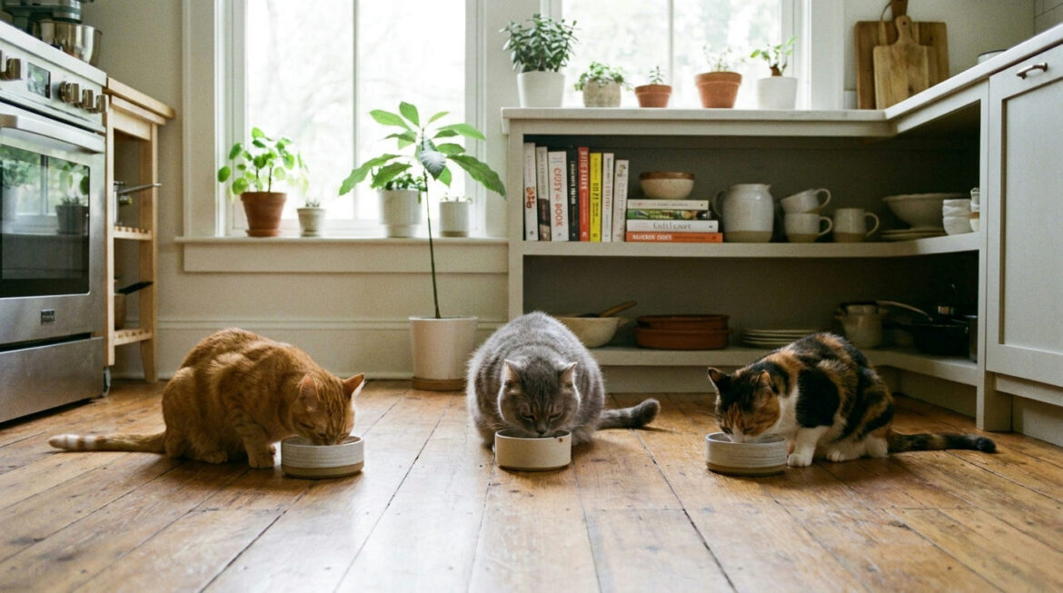 Feeding multiple cats: three cats eating from separate spaced-out bowls