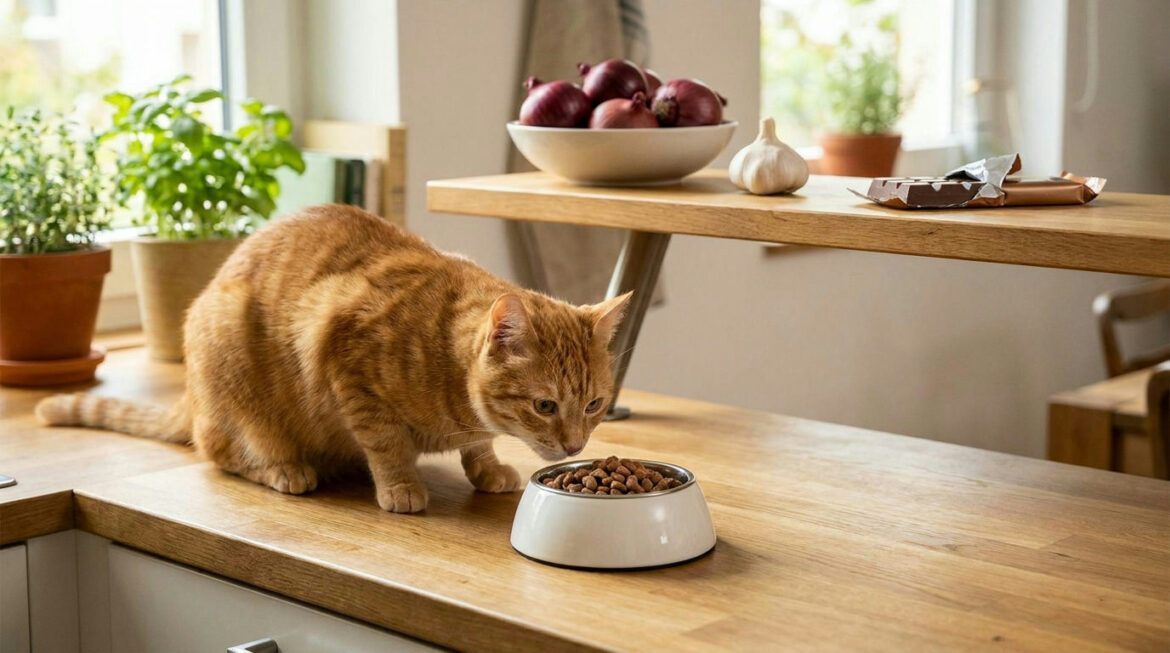 Foods toxic to cats: cat near onions, garlic and chocolate on a counter