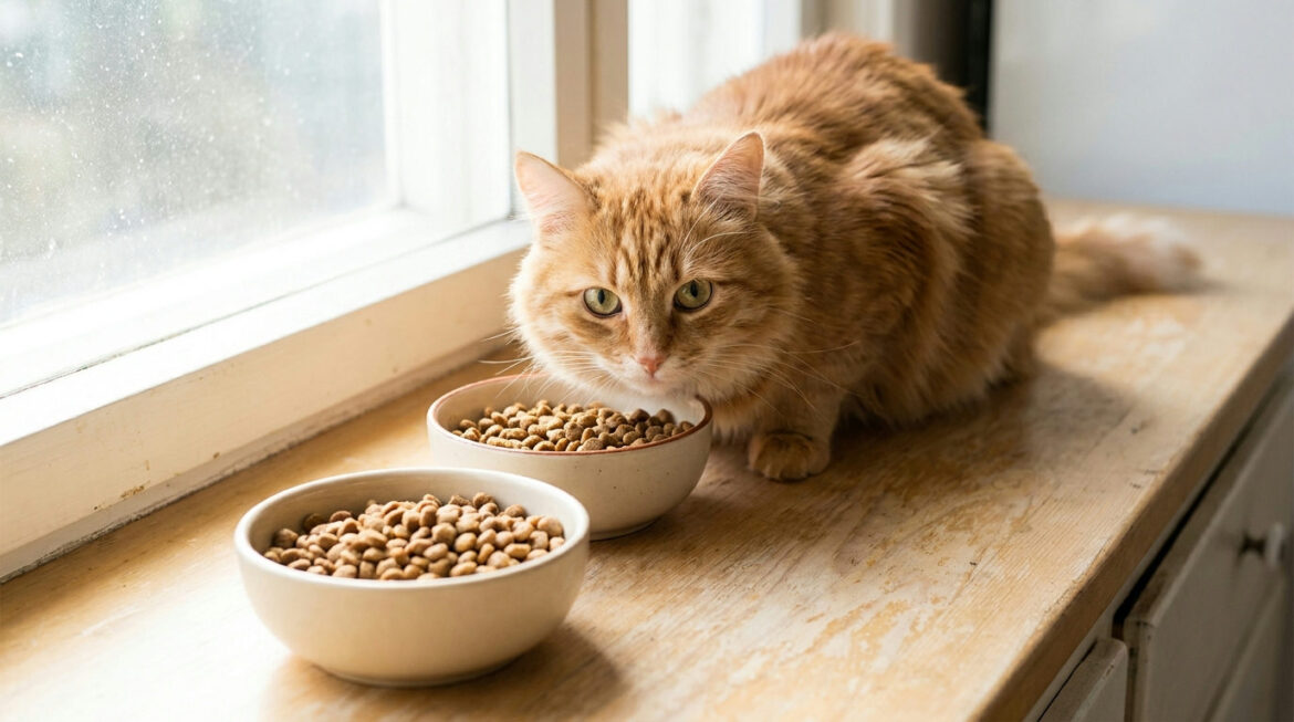 Grain free cat food: orange cat looking between two bowls of kibble