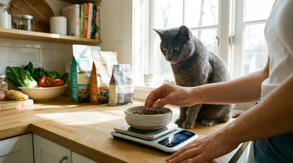 How much to feed a cat: measuring dry cat food on a kitchen scale