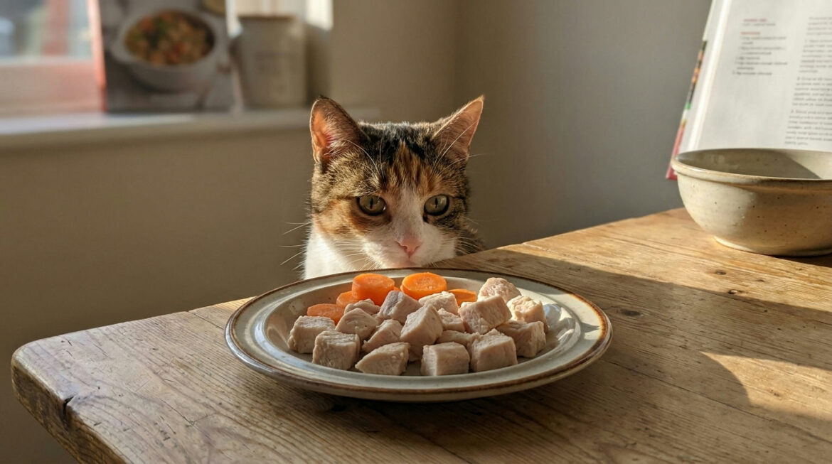 Human foods cats can eat: calico cat with plain cooked chicken and carrots