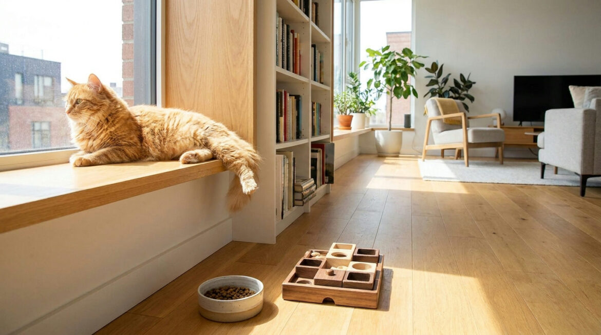 Indoor cat food: cat on a sunny window perch above its food bowl and puzzle feeder