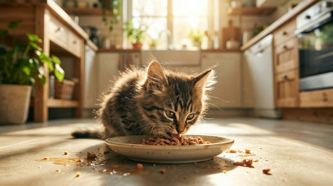 Kitten feeding guide: tabby kitten eating wet food from a ceramic bowl