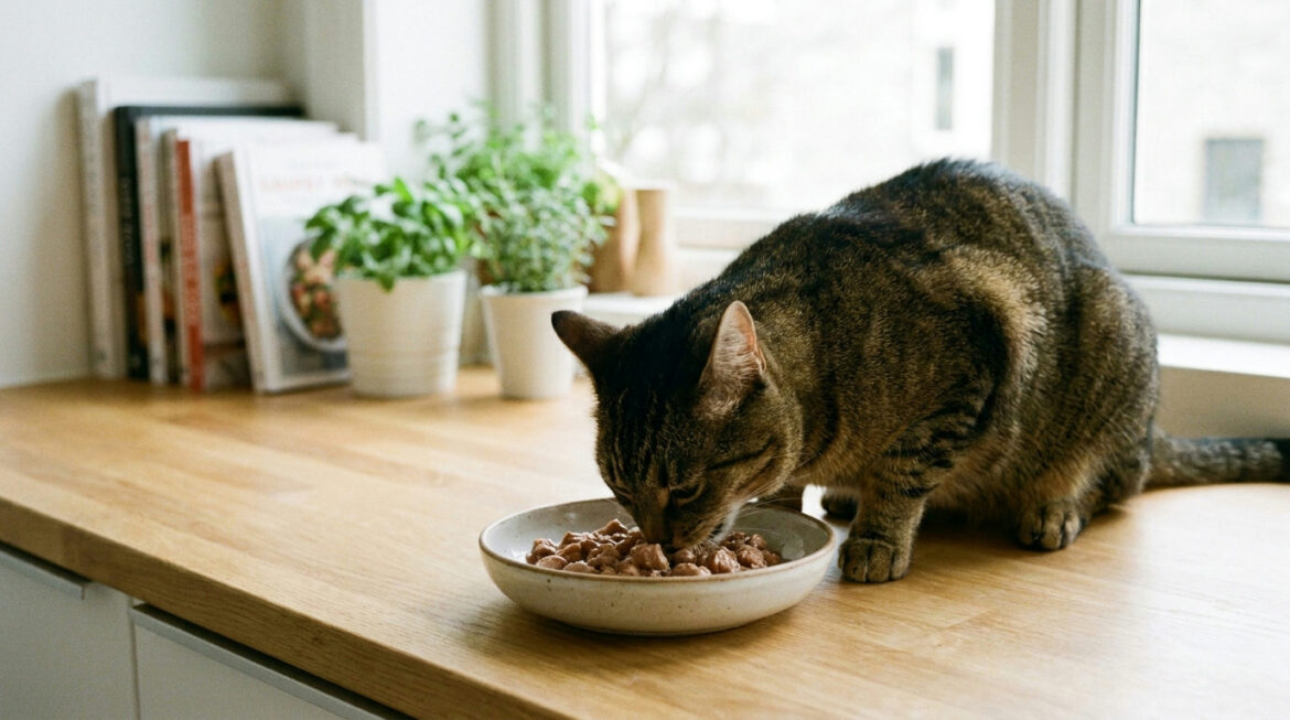 Novel protein cat food: healthy cat eating a bowl of rabbit-based wet food