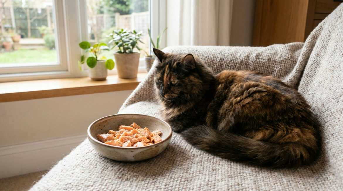 Omega 3 for cats: long-haired cat with a glossy coat near a bowl of salmon
