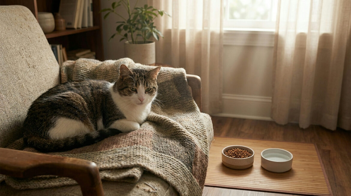 Pregnant cat nutrition: mother cat resting beside food and water bowls