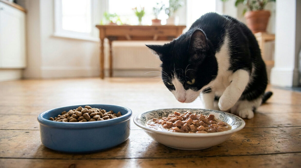 Switching cat food: tuxedo cat sniffing a bowl of new food beside old kibble