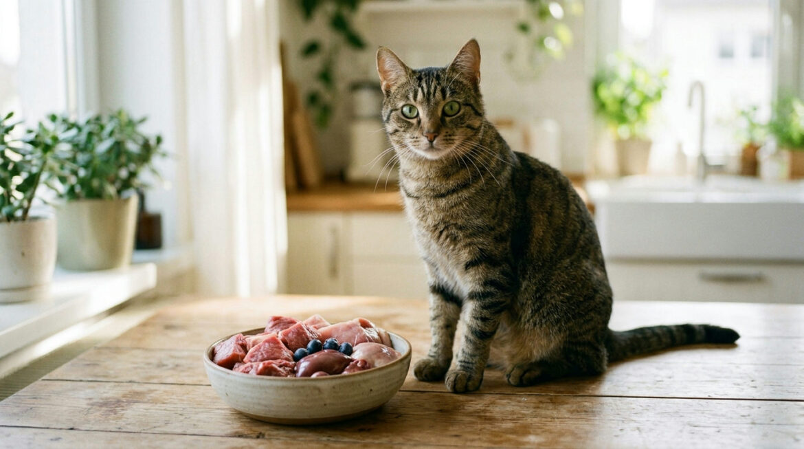 Taurine for cats: green-eyed cat beside a bowl of meat-based food