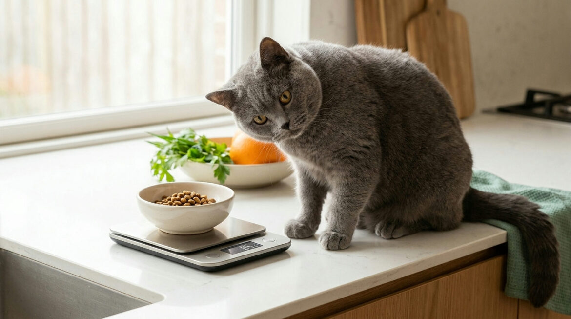 Gray British Shorthair beside a kitchen scale, illustrating the calcium phosphorus ratio cats need in homemade diets