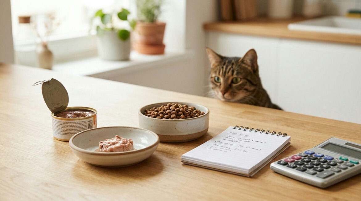 Cat food dry matter basis: wet food can and dry kibble bowl compared side by side