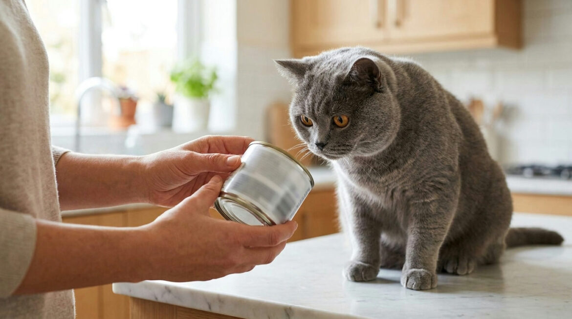 Grey British Shorthair watching an owner check a can label, illustrating cat food naming rules