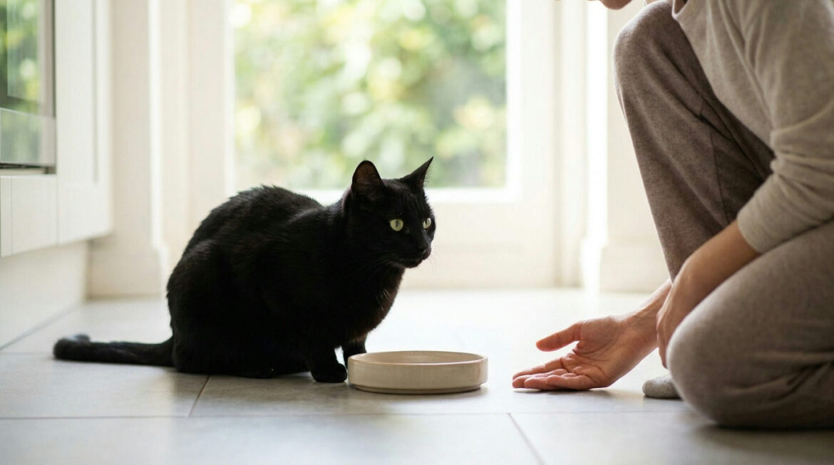 Black cat sitting beside an untouched food dish while its owner checks on it, a sign a cat stopped eating