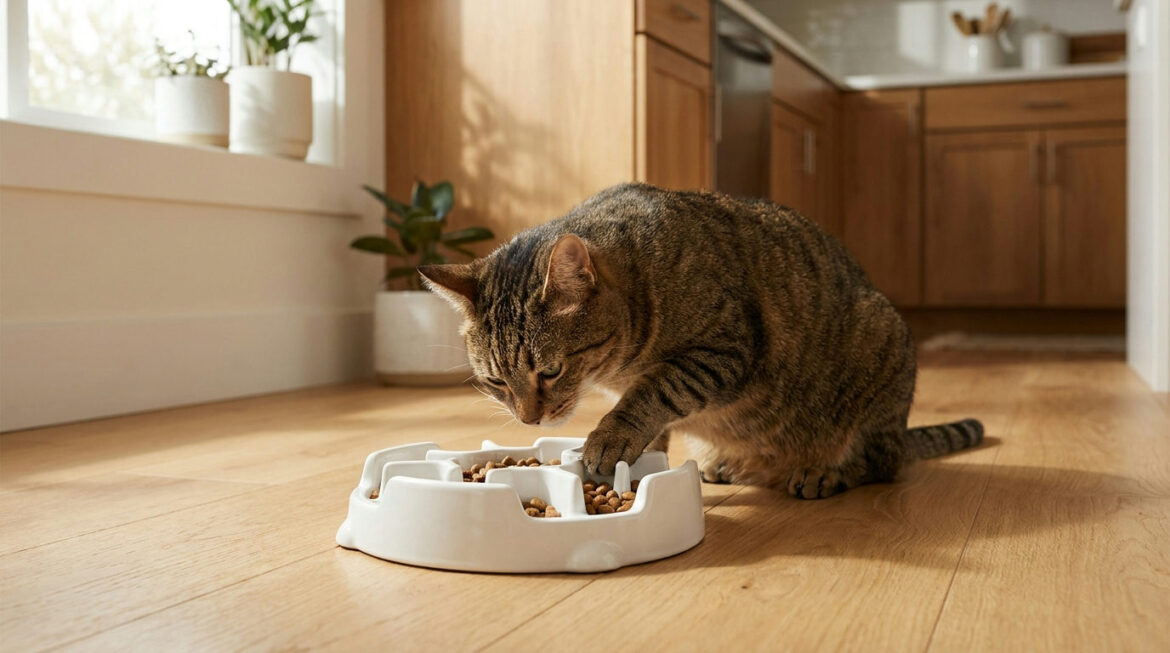 Tabby cat eating slowly from a puzzle feeder, a simple change that may help a cat throwing up food
