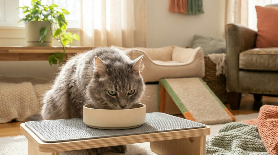 Senior gray cat eating from a low shallow bowl, illustrating a diet for cats with arthritis and easy-access feeding