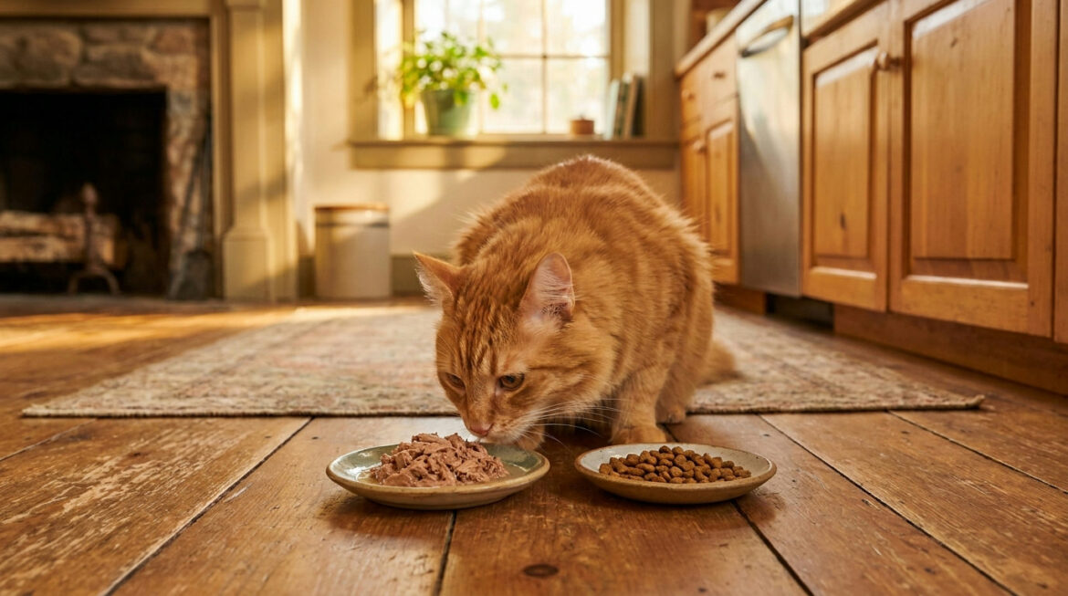 Orange tabby sniffing wet and dry food, illustrating the cat food variety myth