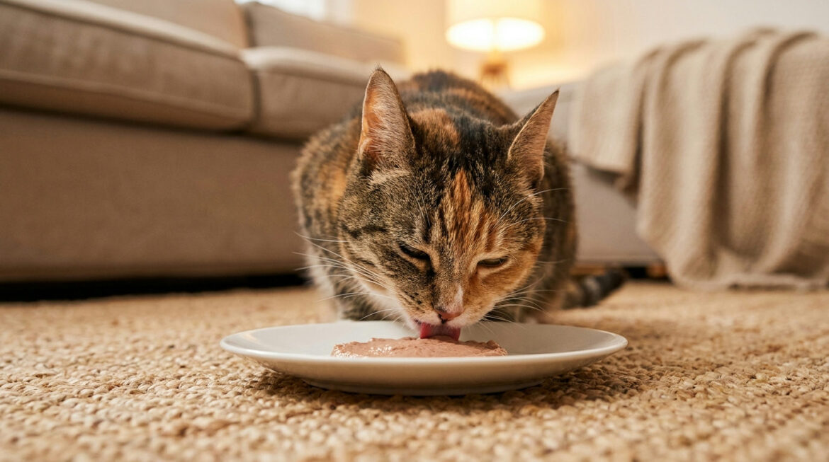 Senior calico cat eating soft pate from a flat plate, a simple approach to feeding cats without teeth