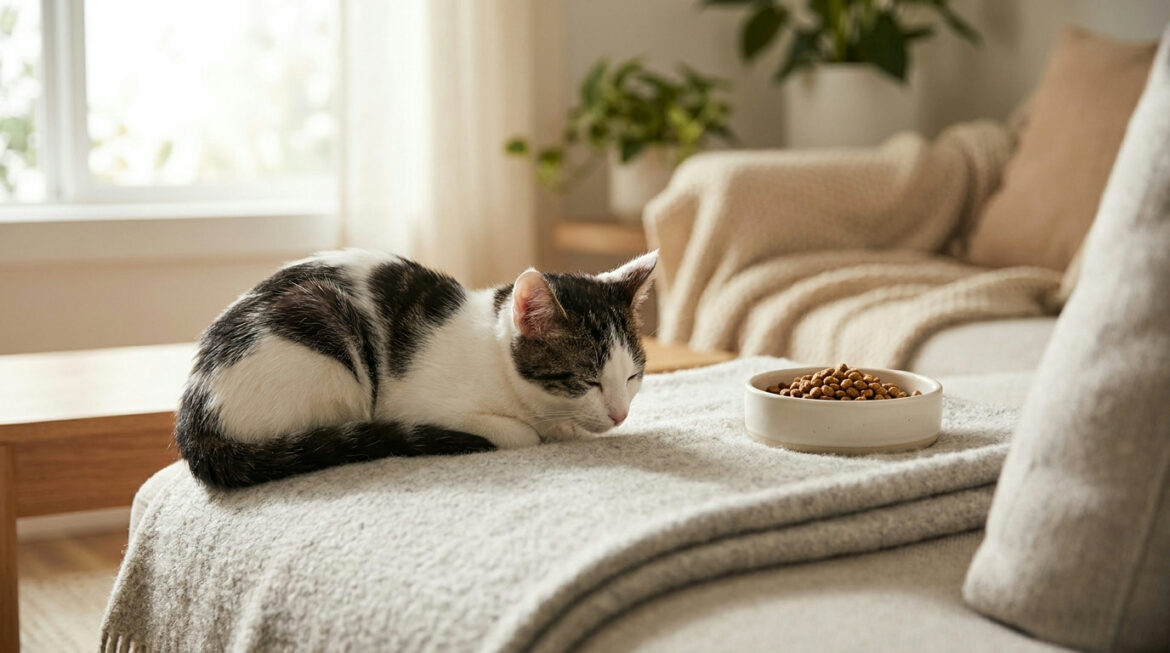 Young black-and-white cat resting beside a measured food bowl, feeding cats after neutering