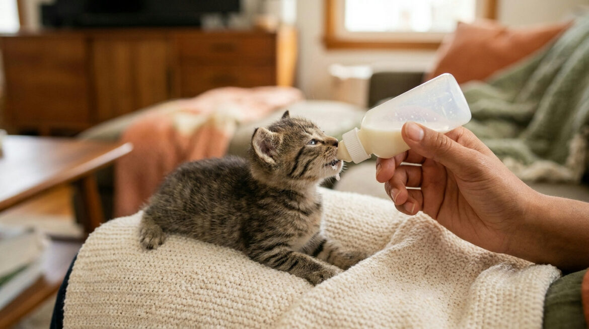 Tiny tabby kitten lying belly-down on a towel while being bottle fed, showing how to bottle feed a kitten