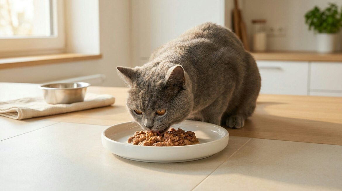 British Shorthair eating from a shallow ceramic dish, an example of choosing a cat food bowl