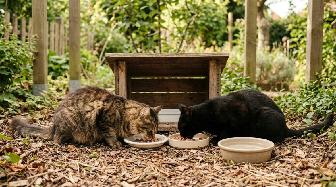Two community cats eating at a clean covered feeding station, showing how to feed feral cats responsibly
