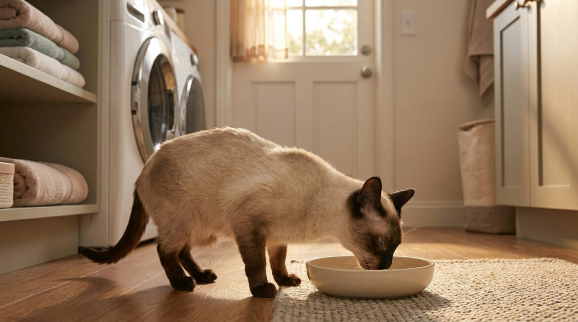 Senior Siamese cat eating alone in a quiet room, illustrating a hyperthyroid cat diet fed separately