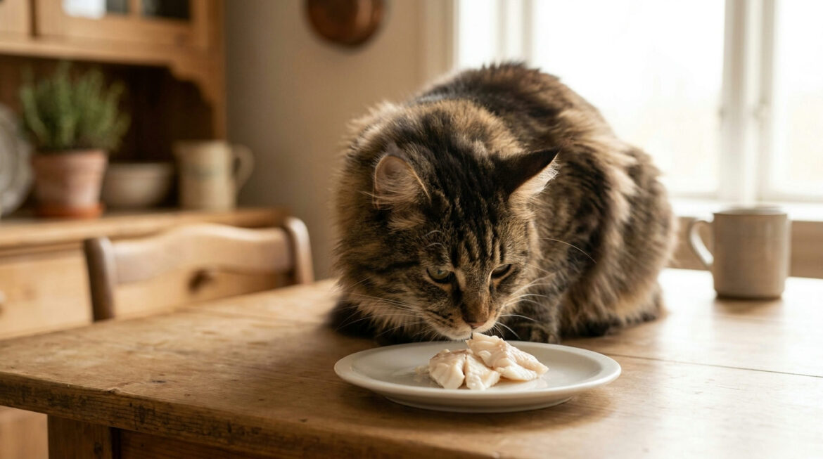 Maine Coon cat sniffing a small plate of plain cooked fish, illustrating fish in cat diets