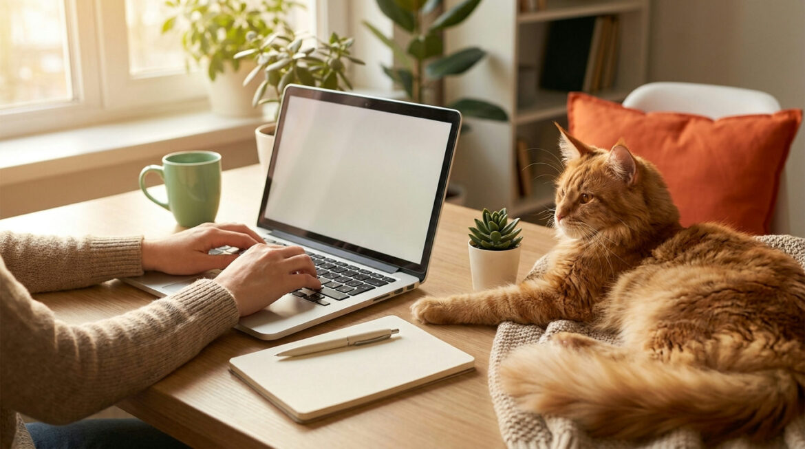 Owner researching questions for cat food manufacturers on a laptop with a ginger Maine Coon beside them