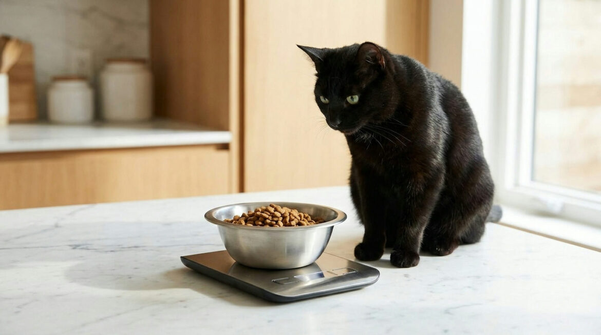 Black cat watching kibble weighed on a scale after reading the cat food calorie statement