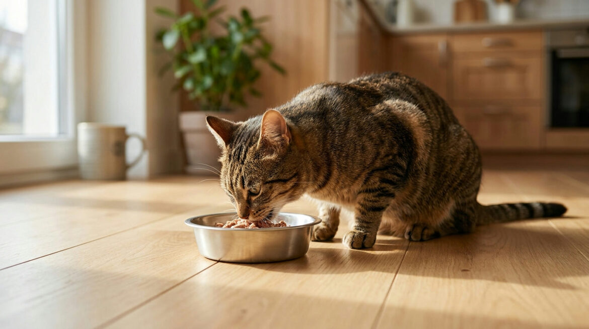 Tabby cat eating a complete wet diet, a key step in preventing thiamine deficiency in cats