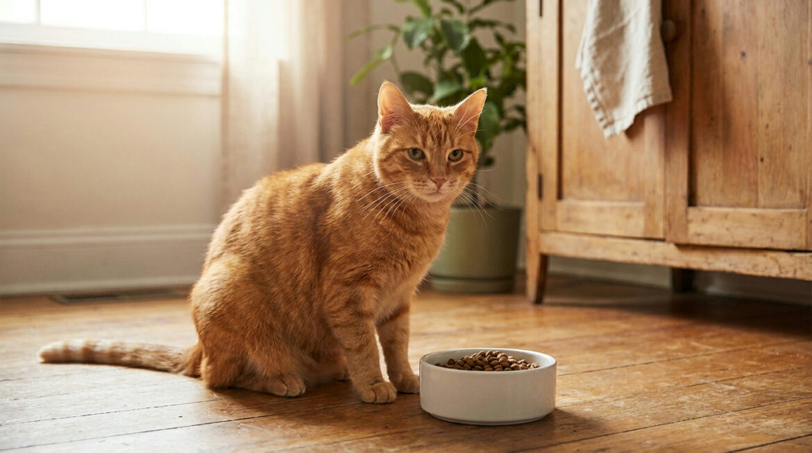 Orange tabby cat beside its food bowl, illustrating vitamin A for cats from animal-based food