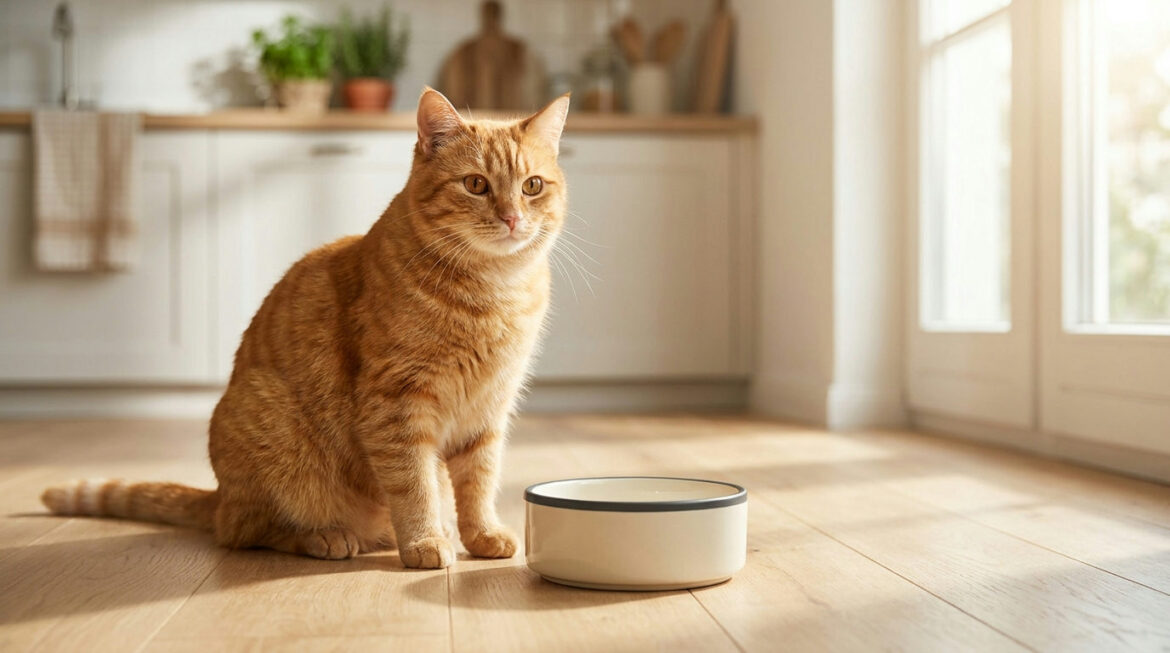 Orange tabby cat always hungry, sitting beside an empty food bowl and looking up
